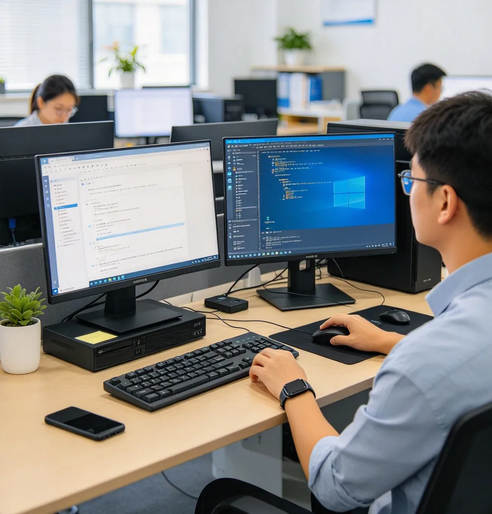 An employee working at a desk with remote engineer support