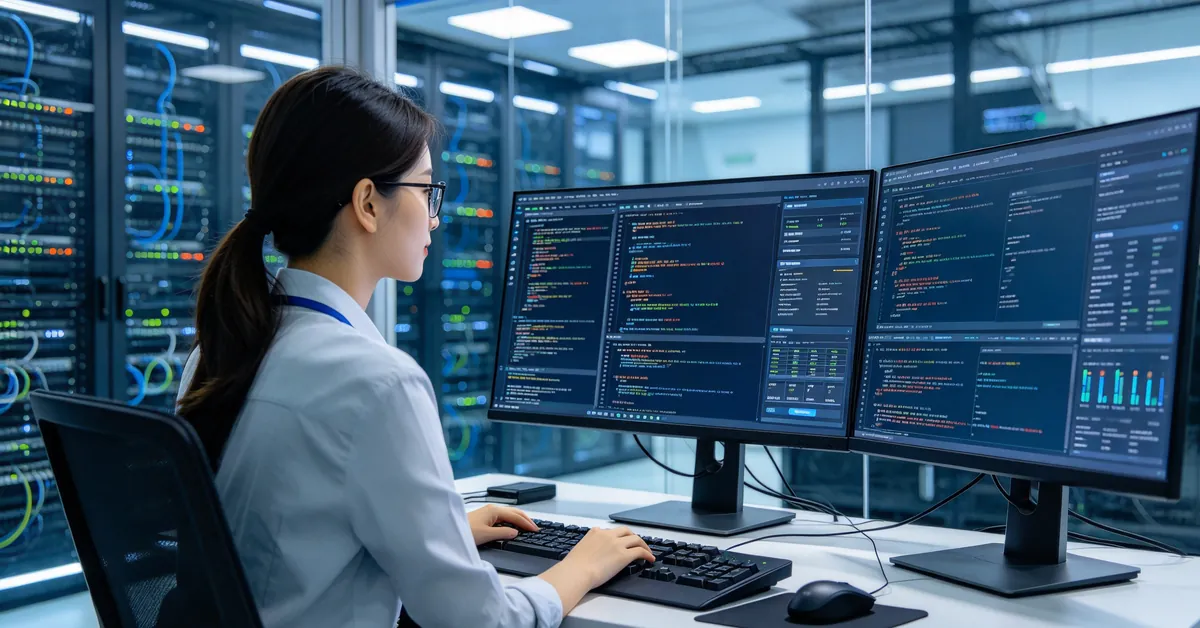 An engineer managing customers' computers remotely from the machine room